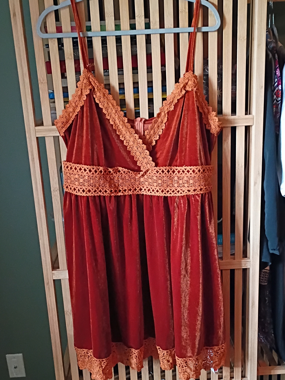 NWT Cider Curve Velvet Lace Trim V-Neck Mini Babydoll Dress - Rust Orange - Picture 1 of 8